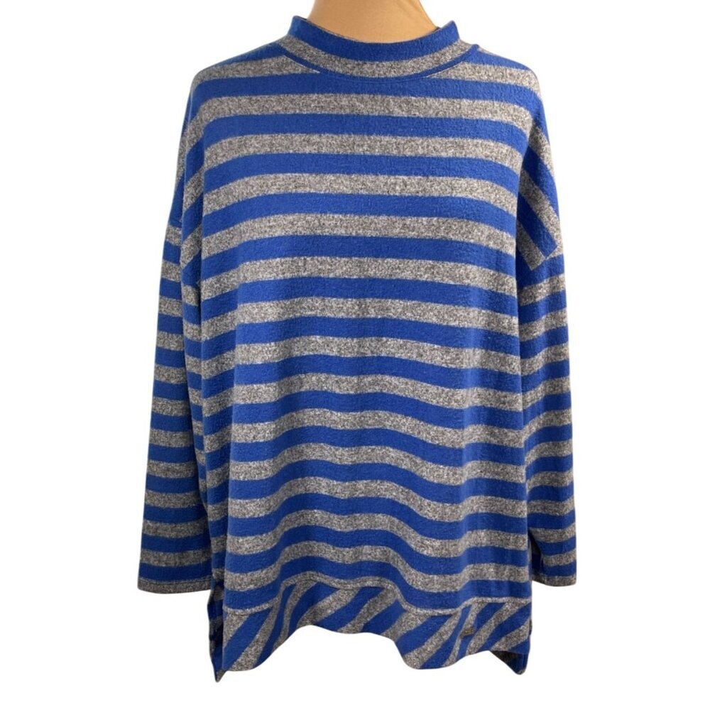 Rafaella Weekend Tunic Top Grey Blue Stripe Mock Neck Size 1X Soft